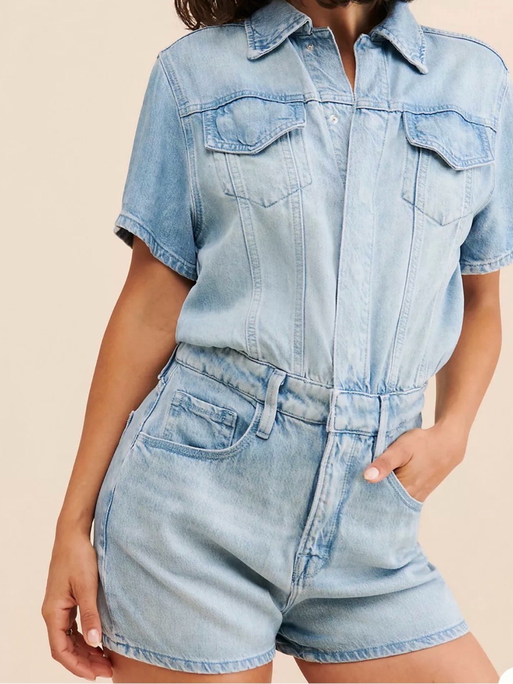 Good American Weightless Light Blue Denim Short Sleeve Romper Sz 4 XL